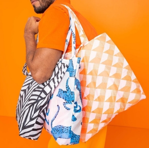 Ikea Skynke shopping tote bag Orange White Geometric Pattern 2 Pack - Picture 3 of 7